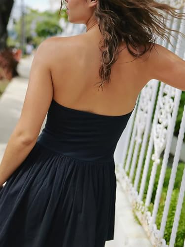 Summer Solid Strapless Mini Dress for Women Tube Top Dresses Patchwork Pleated Drop Waist Flared Beach Dress3