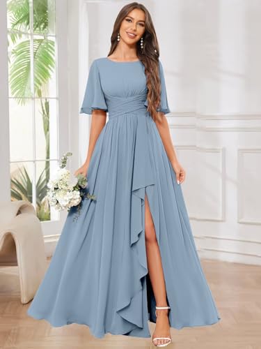 OFEECHUN Flutter Sleeve Chiffon Bridesmaid Dresses for Women with Slit A Line Ruffle Formal Wedding Guest Dress with Pockets3