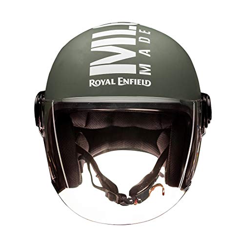 Image of Royal Enfield ISI Certified Open Face Riding MLG Helmet with Clear Visor Matt Battle Green-Impact Protection, Better Scratch Resistance, Anti-Microbial Fabric, Size: L(59-60Cm)