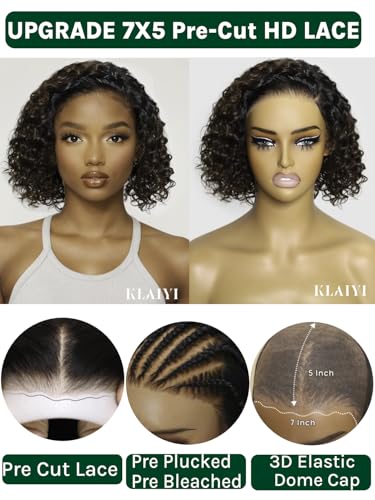 Image of KLAIYI Bye Bye Slip Ombre Chestnut Brown Bob Curly Glueless Precut 7x5 Lace Front Wigs Human Hair Side Part Drawstring Pre Plucked Bleached Knots 30S Ready to Put On and Go Wig with Dark Roots 8Inch