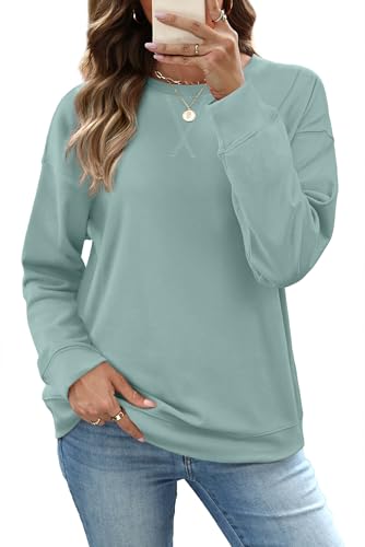 RUMIA Womens Sweatshirt Casual Long Sleeve Crewneck Sweatshirt Loose Fit Solid Comfy Pullover Tunic Shirts Tops Blouse Fall 2025 Fashion Blue Small