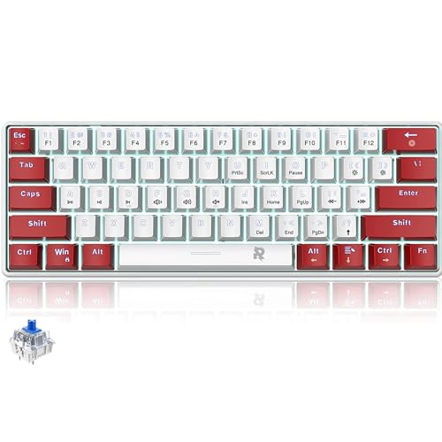 ROCK POW Arabic Wired 60% Mechanical Gaming Keyboard, Blue Switch Full Anti-ghosting Portable Mini Keyboard, for Windows Laptop PC Mac - Red/White