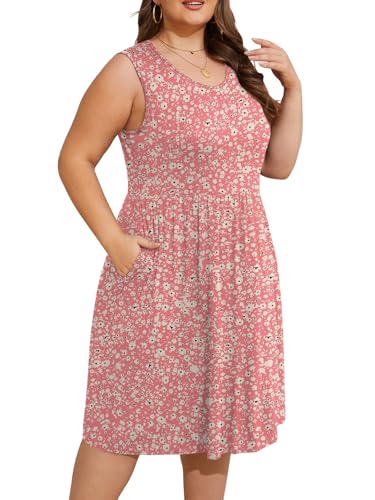 Image of DB MOON Womens 2026 Plus Size Tank Dresses Sleeveless Knee Length Sundress with Pockets XL Pink Floral 02