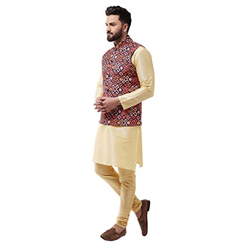 Image of SOJANYA (Since 1958 Men's Silk Blend Gold Kurta Pyjama & Printed Nehrujacket Combo