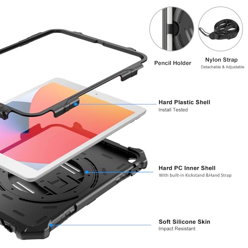 ZtotopCases for iPad 9th/ 8th/ 7th Generation 10.2 inch, Shockproof Full Body Protective Cover with 360° Rotating Hand Strap &Stand, Pencil Holder, Drop Protection, Heavy Duty & Durable, Black - Image 5