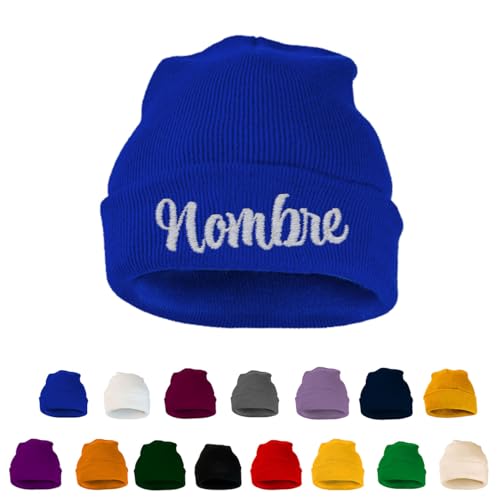 ZPUBLI+ Gorro de Invierno Personalizado en Bordado.Beanie Hombre,Mujer y niños. Gorro de Punto,Lana, cumpleaños,Aniversario,San Valentin. (FR/ES, Letras, Talla única, Adulto, Azul Royal)