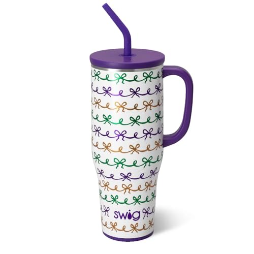 Image of Swig Life 40oz Mega Mug, 40oz Tumbler with Handle and Straw, Extra Large Insulated Tumblers, Cup Holder Friendly Travel Mug (Mardi Gras Bows)