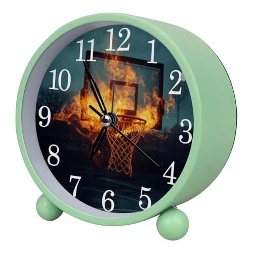 Luoweisi Reloj despertador de red de baloncesto de fuego, silencioso, sin tictac, con luz nocturna, reloj despertador redondo de metal para oficina, funciona con pilas, dormitorio, ancianos, adultos