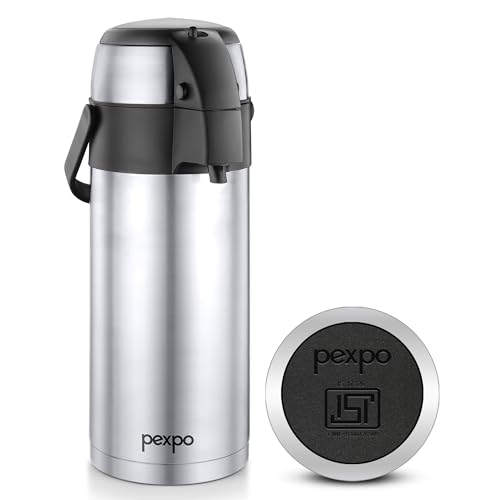 Image of Go24 pexpo Aquaport Stainless Steel Vacuum Insulated Beverage Dispenser with Pump - 3.5 LTR | Hot & Cold | Double Wall | Sturdy Handle to Carry | Coffee /Tea Carafe - Silver