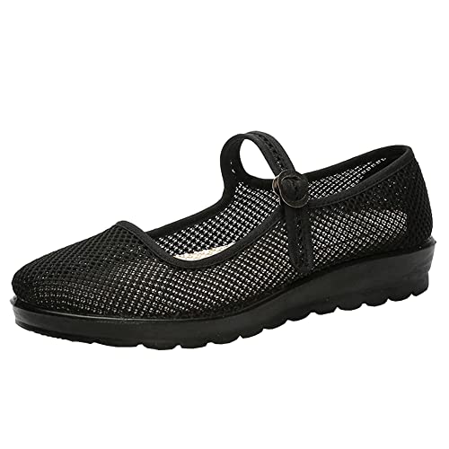Womens Mesh Mary Jane Flat Shoes Breathable Summer Work Walking Shoes