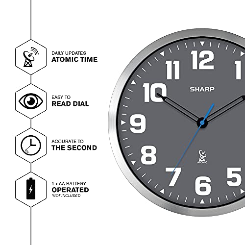 Sharp Atomic Analog Wall Clock - 12" Grey Face, Silver Brushed Finish - Sets Automatically- Battery Operated - Easy To Read - Easy To Use – Modern Design And Style #TOP2