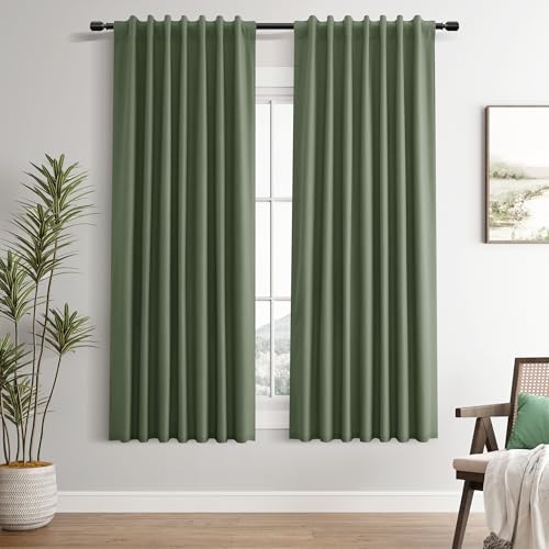 Olive Green Linen 100% Blackout Curtains 63 Inch Length Back Tab Elegant Home Decor Room Darkening Black Out Insulated Door Privacy Curtain for Room Divider Basement Kitchen Olive 2 Panels Set 52x63