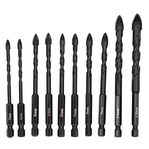 Respicefinem 10PCS Cross Screw Drill Bit Set with 3 Flute Cemented Carbide Masonry Twist Bits and Hex Shank Suitable for Multiple Materials Including Glass Ceramics Tiles and More
