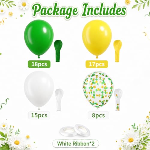 Image of Green and Yellow Balloons, 60 Pcs 12 Inch Dark Green Yellow White Latex Balloons with Gold Confetti for Graduation Birthday Golf Party Decorations