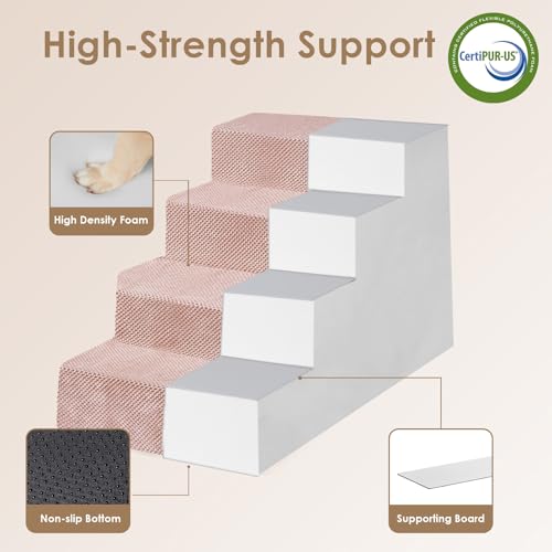 Image of EHEYCIGA Dog Stairs for Bed 20 inch H, 4-Step Extra Wide Dog Steps for High Bed, Pet Steps for Small Dogs and Cats, Non-Slip Balanced Pet Ramp Indoor, Pink