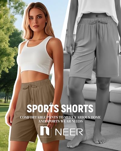 Neer 3 Pack Women's Quick Dry Shorts Women Drawstring High Waisted Bermuda Athletic Shorts with Pockets(Black,Navy Blue,Coffee,Large)