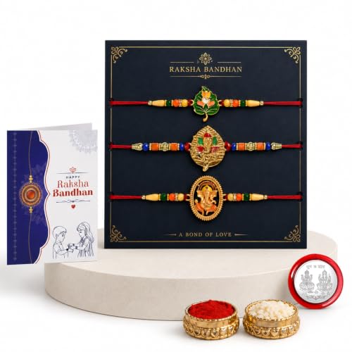 Image of Oblivion Rakhi For Brother - Elegant Stylish God Designer Rakhi with Beads and Silver Colour Pooja Coin, Tilak Set & Greeting Card - Traditional Raksha Bandhan Combo for Bhai