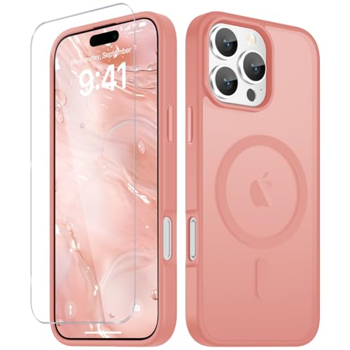 Image of YENAPOON for iPhone 16 Pro Max Case, Matte Magnetic Phone Cover [with 1 Screen Protector] [Support for MagSafe] [Shockproof Military Grade Protection] Translucent Frosted Back, Pink
