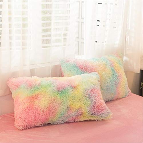 Soukach 2 PC Fluffy Faux Fur Pillow Case,Cozy Shaggy Plush Pillow Shams, Furry Crystal Velvet Pillow Cover,Luxury Long Fleece Decorative Pillowcases with Zipper Closure (Colorful Pink, Queen Standard)