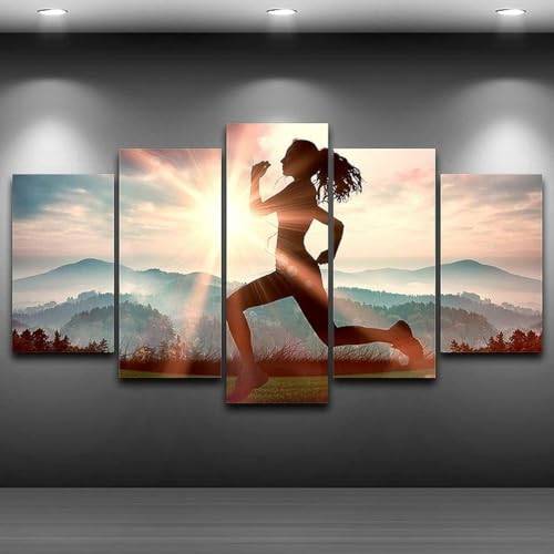Decoration murale lever de soleil tableau 5 parties avec cadre pour habiller un mur