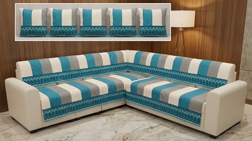 Image of Luxury Sofa Cover L Shape 5 Seater with Matching Cushion Cover 16x16 inch - Aqua Grey Stripe 3+2 Seater (5 Seater) Quilted Sofa Cover Set Pack of 10, Washable, Aqua Grey White