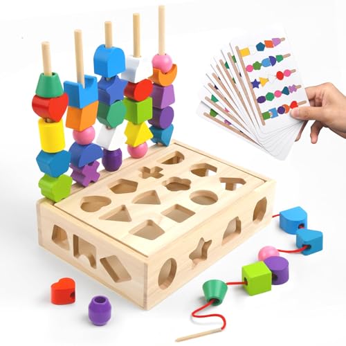 Image of Sewulidon 3 in 1 Wooden Color Sorting Stacking Toys, Montessori Toys Geometric Shape Sorter Matching Lacing Beads Sequencing Toy Set Preschool Learning Fine Motor Skills for Toddlers 3 4 5 Years