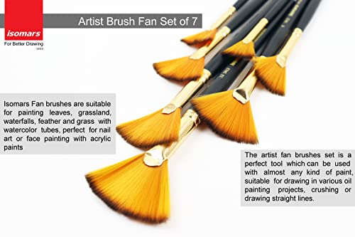 Image of Isomars Fan Paint Brush Set - Set of 7 Artist Brushes with Wooden Handles for Acrylic, Watercolor, Oil & Blending - Ideal for Textures, Shading & Special Effects