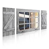 Besuerte Farmhouse Window Frame Wall Decor, Rustic Mirrors with 12 Pane Real Glass Mirror & Two Z-Style Primitive Shutters for Living Room, Dining Room, Rustic Grey