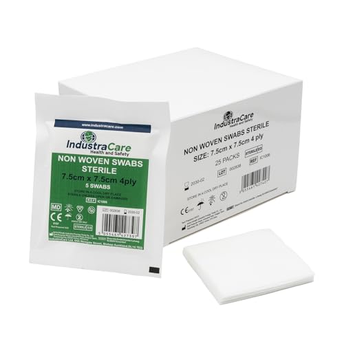 IndustraCare Premium Sterile 4ply Medical First Aid Gauze Swabs 7.5cm x 7.5cm - 25 Packs of 5 (125 Swabs)