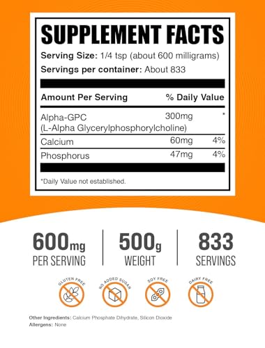 Image of BulkSupplements.com Alpha GPC Powder - Choline Supplements, Alpha GPC 300mg - Unflavored & Gluten Free, 600mg per Serving, 500g (1.1 lbs) (Pack of 1)