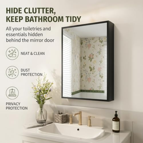 Image of Black Bathroom Medicine Cabinet with Mirror, Wall Mounted Mirror Cabinet