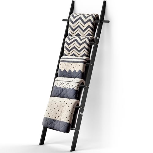 chilinii Farmhouse Wooden Blanket Ladder with Removable Hooks 6-Tier Rustic Blanket Rack Decorative Stand Leaning Towel Quilt Display Holder Storage for Bathroom Living Room Decor Black