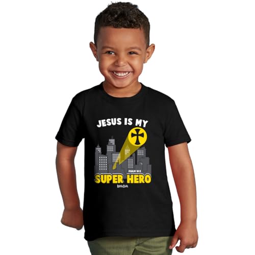 Kerusso Jesus is My Super Hero Sky Beacon Black Cotton Kids' Crew Neck T-Shirt, 4T