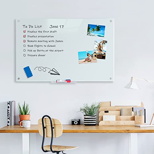 Magnetic Glass Whiteboard Dry Erase Board, 48 X 32 Magnetic Glass Board Large Whiteboards Glasses For Interactive Office Wall Frameless White Glassboard With Marker Tray #TOP4