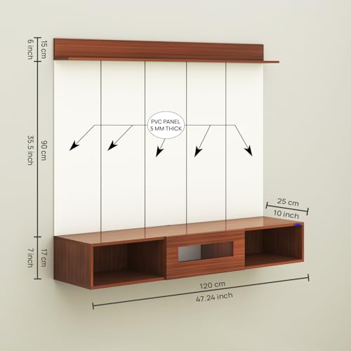 Image of Anikaa Novus PVC Back Panel Wall Mounted TV Unit with Spot & Blue Ambient LED Light - Acrylic Storage Box, Display Shelf & Soft-Close Hinges | Ideal for UP to 50 Inch TV (Walnut - DIY Installation)