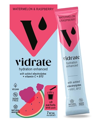 Vidrate Electrolytes Powder - Hydration Sachets Packed with Vitamins - Zero Sugar Rehydration Sachet with No Artificial Sweeteners & Preservatives - Watermelon & Raspberry 8 Electrolytes Sachets