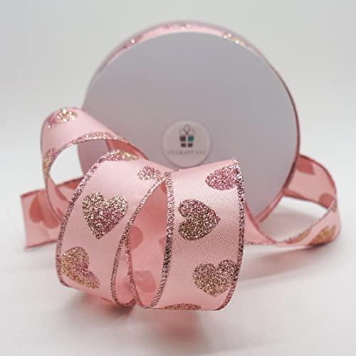 Ct Craft Llc Rose Pink Satin With Glitter Heart Wired Ribbon For Craft Packing, Gift Wrapping, Diy Craft, Valentine's Day Decoration- 1.5" X 20 Yards X 1Roll #TOP3