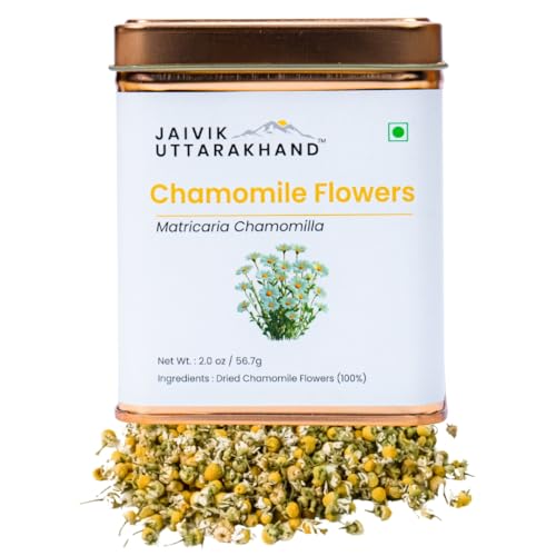 Image of Jaivik Uttarakhand - Chamomile Herbal Tea (56.7 g), Natural, Caffeine-Free Relaxing Brew, Antioxidant-Rich, De-stressing, Promotes Good Sleep, Pack of 1 Tin Box