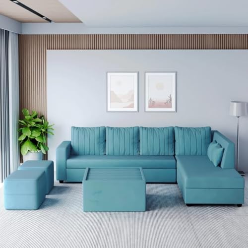 FURNY Stolastor 8 Seater Fabric RHS L Shape Sofa Set with 1 Centre Table & 2 Puffy (Sky Blue Color)
