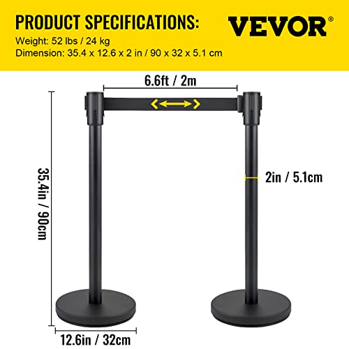 Image of VEVOR Crowd Control Stanchion, Set of 4 Pieces Stanchion Set, Stanchion Set with 6.6 ft /2 m Black Retractable Belt, Black Crowd Control Barrier w /Concrete and Metal Base - Easy Connect Assembly