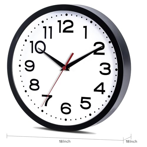 Image of Roymnie 18 Inch Wall Clock, Battery Operated Silent Non Ticking Black | analog wall clock; bold numerals for easy reading; silent non-ticking; 1 AA battery (not included); for classroom
