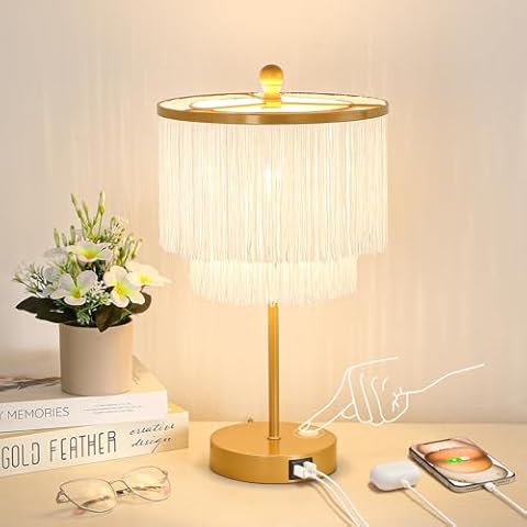 Lovlast Boho Lamp for Bedroom, 3-Way Dimmable Bedside Touch Lamp with USB Charging Port, Gold Table Lamp, Fringe Boho Table Lamp for Living Room, Teens Room Cover