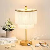 Lovlast Boho Lamp for Bedroom, 3-Way Dimmable Bedside Touch Lamp with USB Charging Port, Gold Table Lamp, Fringe Boho Table Lamp for Living Room, Teens Room, Dresser, Nightstand, LED Bulb Included