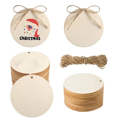 50PCS Round Wooden Circles with Holes, 3 Inch Wood Discs for Crafts, Blank Wooden Gift Tags Labels for Drink, Present Party Bags, Arts & Crafts, Home Decoration