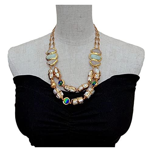 2 Strands Cultured Freshwater Biwa Pearl Murano Glass Gold Plated Chain Necklace 21" #TOP2