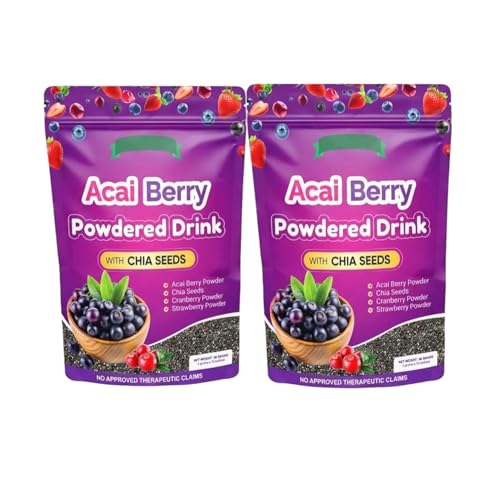 2 Packs Acai Berry Powdered Drink with Chia Seeds Acai Strawberry & Cranberry Blend 10 Sachets (4g Each)
