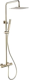 Brushed Gold Rain Shower System Thermostatic Shower Faucet Set Brass Shower Combo Set Wall Mounted Rain Mixer Shower with Waterfall Tub Spout, Handheld Shower