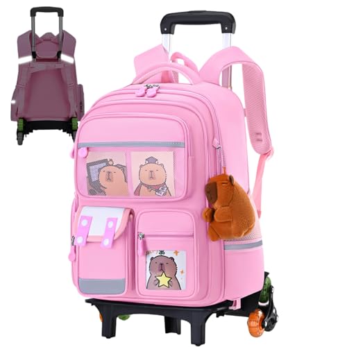 Grtheenumb Mochila con ruedas con 6 ruedas Mochila de carpincho de gran capacidad con asa retráctil escolar impermeable de dibujos animados Correa reflectante para niños estudiantes