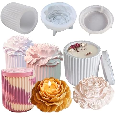 Striped Jar Candle Jar Molds Silicone Cement with Lid, Peony Flower Candle Soap Silicone Mold,Concrete Candle Jar Mold with Flower Soap Plaster Molds for Lids,Candle Vessels Molds for Candle Making Cover