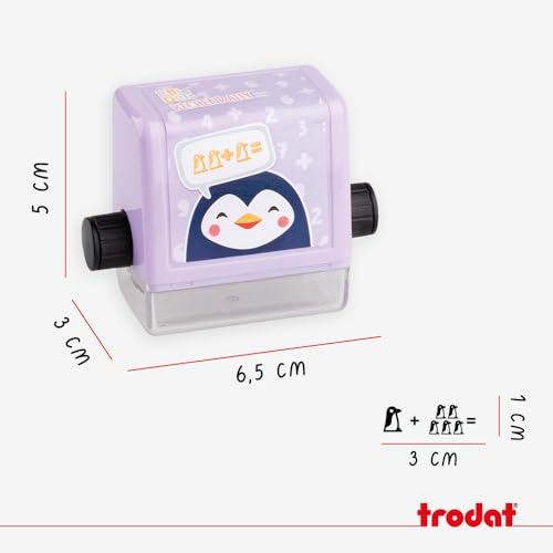 Trodat Little Dots Rechenrally Symbol Roller – selbstfärbender Mathe Roll-Stempel zum Plusrechnen in Pastell Lila, Abdruck schwarz, von Lehrkräften für Schulkinder ab der 1. Klasse empfohlen.